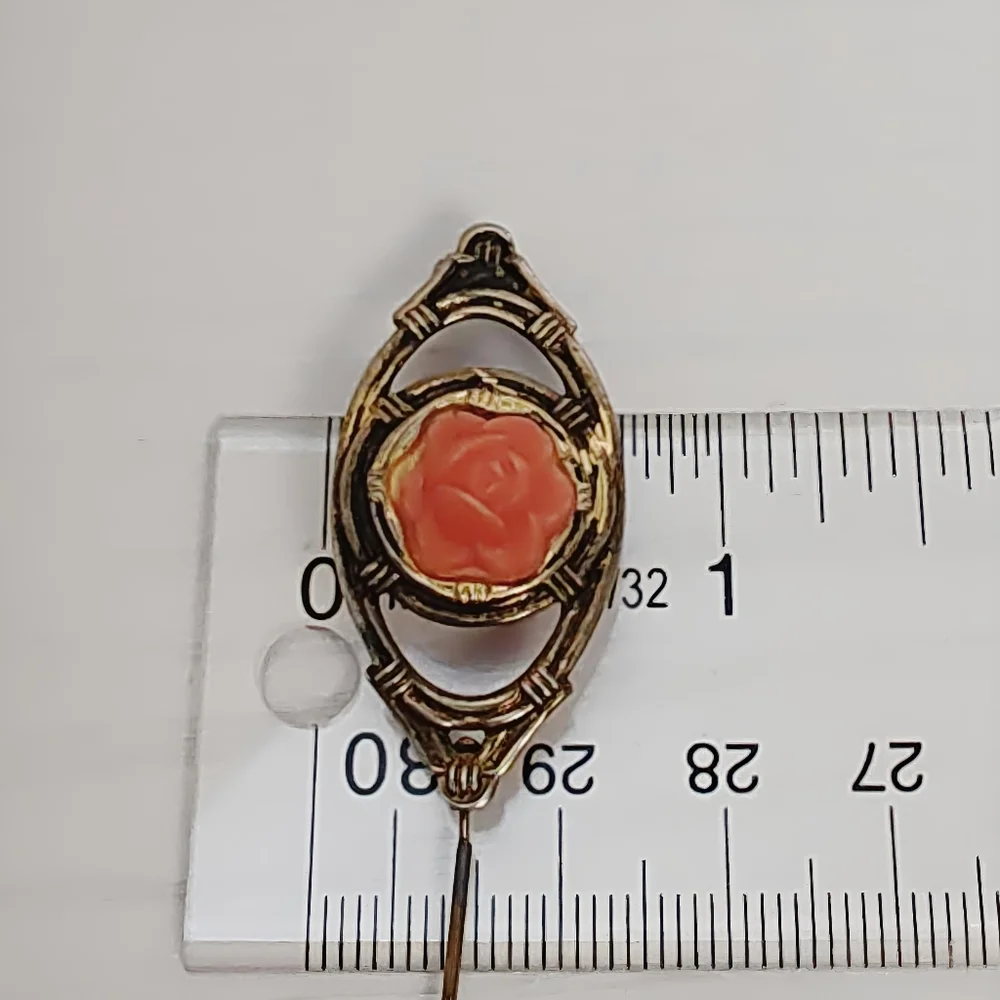 Vintage 1930's Sterling Silver Gold Vermeil Celluloid Coral Rose Brooch Pin